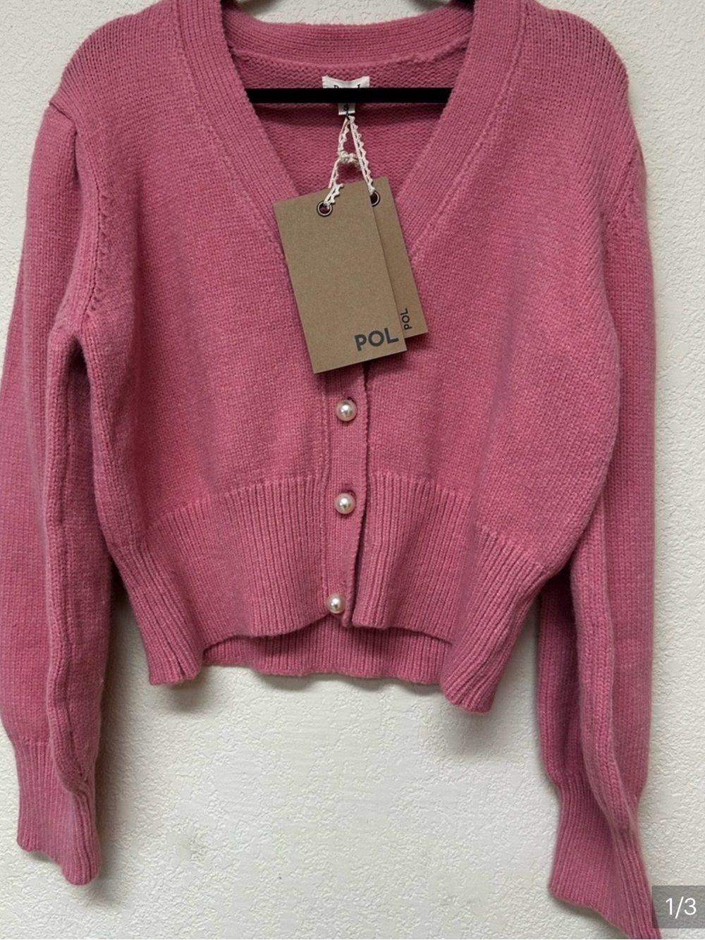 POL Rose Pink V-Neck Pearl-Button Cropped Cardigan